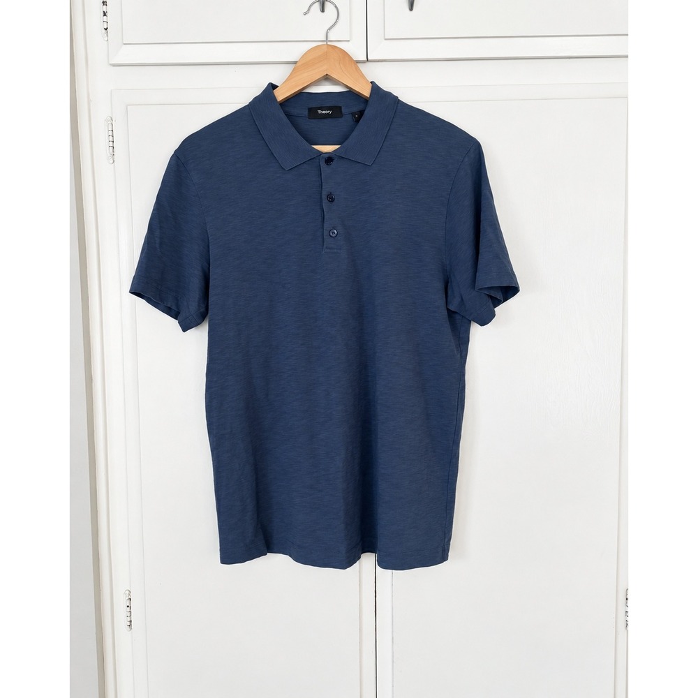Theory Mens Blue Slub Knit Short Sleeve Polo Shirt Size S